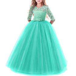 IBTOM CASTLE Kleider Mädchen Kinder Festlich Kleid Anlässe Partykleider Festzug 3/4 Arm Spitzenkleid Tüllkleid Erstkommunion Abendkleid Grün 3-4 Jahre von IBTOM CASTLE