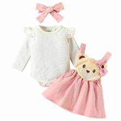 IBTOM CASTLE Kleinkind Baby Mädchen Lange Ärmel Niedlich Fuchs Giraffe Strampler + Strap Overall Kleid + Stirnband 3Pcs Kleinkind Tier drucken Strampler Strapsrock Set Rosa Bär 6-9 Monate von IBTOM CASTLE