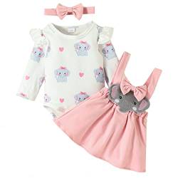 IBTOM CASTLE Kleinkind Baby Mädchen Lange Ärmel Niedlich Fuchs Giraffe Strampler + Strap Overall Kleid + Stirnband 3Pcs Kleinkind Tier drucken Strampler Strapsrock Set Weißer Elefant 3-6 Monate von IBTOM CASTLE