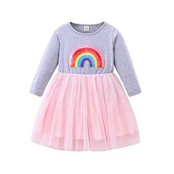 IBTOM CASTLE Kleinkind Mädchen Regenbogen Winterkleid, Lange Ärmel Tutu Kleid Herbst Winter Kleidung Prinzessin Geburtstag Weihnachten Party lässige Kleider für Kinder Grau-Rosa Regenbogen 7-8 Jahre von IBTOM CASTLE