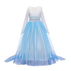 IBTOM CASTLE Mädchen Kinder Eiskönigin 2 Prinzessin Kostüm ELSA Lange Ärmel Glanz Kleid Schneekönigin Schneeflocke Verkleidung TüllKleid Weihnachten Karneval Fasching Blau 04 7-8 Jahre von IBTOM CASTLE