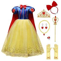 IBTOM CASTLE Mädchen Prinzessin Schnee kostüm Phantasie fee Dressing up Cosplay Dress mit Cape Karneval Fasching Verkleidung Geburtstag Partykleid Kinder Gelb+Zubehör 3-4 Jahre von IBTOM CASTLE