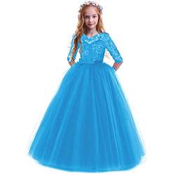 IBTOM CASTLE Mädchen Spitze Tüll Prinzessin Prom Ballkleid Formale Partei Kleider für Hochzeit Brautjungfer Blumenmädchen Geburtstag Fasching Cocktail Dance Cocktailkleid Elegant Blau 5-6 Jahre von IBTOM CASTLE