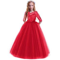 IBTOM CASTLE Mädchen Spitze Tüll Prinzessin Prom Ballkleid Formale Partei Kleider für Hochzeit Brautjungfer Blumenmädchen Geburtstag Fasching Cocktail Dance Cocktailkleid Elegant Rot 11-12 Jahre von IBTOM CASTLE