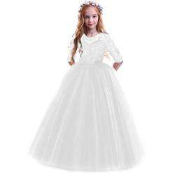 IBTOM CASTLE Mädchen Spitze Tüll Prinzessin Prom Ballkleid Formale Partei Kleider für Hochzeit Brautjungfer Blumenmädchen Geburtstag Fasching Cocktail Dance Cocktailkleid Elegant Weiß 2-3 Jahre von IBTOM CASTLE