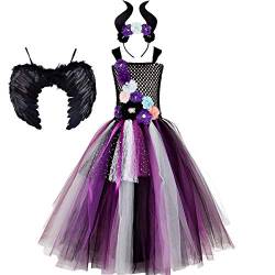 IBTOM CASTLE Maleficent Baby Kinder Mädchen Bösartige Hexe Böse Königin Kostüm Böse Fee Dornröschen Cosplay Halloween Karneval mit Horn Flügeln Prinzessin Verkleiden Gestricktes 03-Schwarz 5-6 Jahre von IBTOM CASTLE