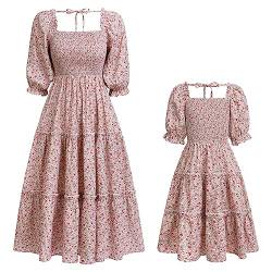 IBTOM CASTLE Mama und ich Kleider Mädchen Boho Sommer Strand Lässig Kleid Geraffte Laterne Ärmel Blumen Midi Kleid Passendes Outfit für Mutter und Tochter Blümchen Rosa L von IBTOM CASTLE