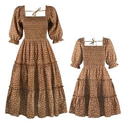 IBTOM CASTLE Mama und ich Kleider Mädchen Boho Sommer Strand Lässig Kleid Geraffte Laterne Ärmel Blumen Midi Kleid Passendes Outfit für Mutter und Tochter Blumig Braun XL von IBTOM CASTLE