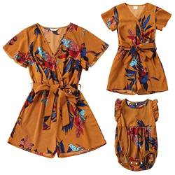 IBTOM CASTLE Mama und ich Strampler Outfits Kombinierter Familien-Overall Jumpsuit Mädchen Boho Sommer Strand Lässig Playsuit für Mama und Tochter Blume Gelb M von IBTOM CASTLE