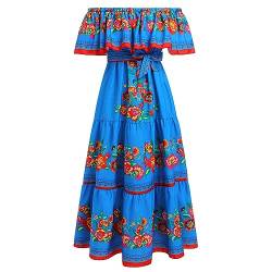 IBTOM CASTLE Mexikanisches Damen Lange Sommerkleider Mexikanisches Blumendruck Boho Maxikleider Urlaub Schulterfrei Kleid Strandkleid Sommer Blau M von IBTOM CASTLE