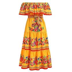 IBTOM CASTLE Mexikanisches Damen Lange Sommerkleider Mexikanisches Blumendruck Boho Maxikleider Urlaub Schulterfrei Kleid Strandkleid Sommer Gold XL von IBTOM CASTLE