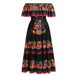 IBTOM CASTLE Mexikanisches Damen Lange Sommerkleider Mexikanisches Blumendruck Boho Maxikleider Urlaub Schulterfrei Kleid Strandkleid Sommer Schwarz Rot L von IBTOM CASTLE