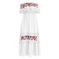 IBTOM CASTLE Mexikanisches Damen Lange Sommerkleider Mexikanisches Blumendruck Boho Maxikleider Urlaub Schulterfrei Kleid Strandkleid Sommer Weiß L von IBTOM CASTLE