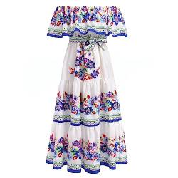 IBTOM CASTLE Mexikanisches Damen Lange Sommerkleider Mexikanisches Blumendruck Boho Maxikleider Urlaub Schulterfrei Kleid Strandkleid Sommer weiß Blau XXL von IBTOM CASTLE