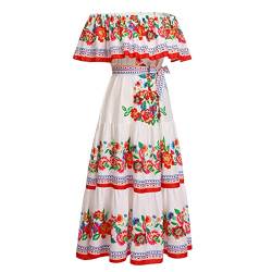 IBTOM CASTLE Mexikanisches Damen Lange Sommerkleider Mexikanisches Blumendruck Boho Maxikleider Urlaub Schulterfrei Kleid Strandkleid Sommer weiß Rot L von IBTOM CASTLE