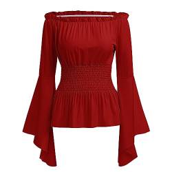 IBTOM CASTLE Mittelalter Gothic Kleidung Damen Schulterfreies Rüschen Korsett Oberteil Steampunk Langarmshirt Top Wikinger Piratenkostüm Karneval Kostüm Damen Rot S von IBTOM CASTLE