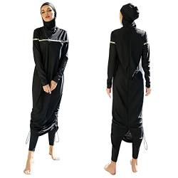 IBTOM CASTLE Modest Swimwear Muslim Swimming Costume for Women Full Coverage Long Floral Print Islamic Hijab Burkini 3pcs Set Ladies Beachwear Surfen Tauchanzug Outfit, Schwarz – gestreift, M von IBTOM CASTLE
