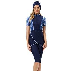 IBTOM CASTLE Muslimische Badeanzug Damen, Burkini Damen Muslim, Modest Badeanzug Frauen, Kurze Ärmel Bademode Hijab Ganzkörper-Badeanzüge Rash Guard Surfanzug Beachwear 3-teiliges Set Blau&Blumen L von IBTOM CASTLE