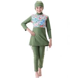 IBTOM CASTLE Muslimische Bescheidene Badeanzüge für Mädchen, Langarm Badeoberteil+Hose +Hijab Burkini Kinder Baby Ganzkörper-Badeanzüge UV Rash Guard Beachwear Olivgrün 11-12 Jahre von IBTOM CASTLE