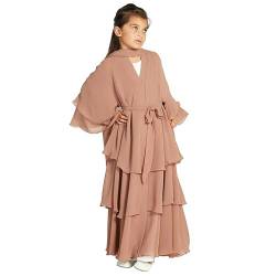 IBTOM CASTLE Muslimisches Kleid für Kinder Mädchen Chiffonkleid Strickjacke Abaya Hijab Kleid mit Gürtel Dubai Elegantes Kleid Islamisches Gebet Party Zeremonie Geschenk Khaki 11-12 Jahre von IBTOM CASTLE