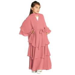 IBTOM CASTLE Muslimisches Kleid für Kinder Mädchen Chiffonkleid Strickjacke Abaya Hijab Kleid mit Gürtel Dubai Elegantes Kleid Islamisches Gebet Party Zeremonie Geschenk Rosa 11-12 Jahre von IBTOM CASTLE