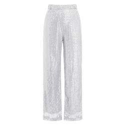 IBTOM CASTLE Pailettenhose Damen Frauen Hose Mit Weitem Bein und Pailletten High Waist Pailletten Hose Vintage Kostüm Glitzernden Joggings-Hosen Disco Rave Tanz X-Silber L von IBTOM CASTLE