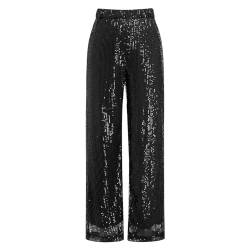 IBTOM CASTLE Pailettenhose Damen Frauen Hose Mit Weitem Bein und Pailletten High Waist Pailletten Hose Vintage Kostüm Glitzernden Joggings-Hosen Disco Rave Tanz X-schwarz S von IBTOM CASTLE