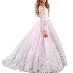 IBTOM CASTLE Prinzessin Kleid Mädchen Langarm Festlich Kinder Festzug Kleider Hochzeit Partykleid Brautjungfern Rosa 8-9 Jahre von IBTOM CASTLE