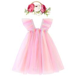 IBTOM CASTLE Tüll Kleid Baby Mädchen,ärmellose Prinzessin Pailletten Tutu Kleid & Blume Stirnband Baby Party Kleid Erster Geburtstagkleid Silvester Weihnachtsoutfit Rosa Regenbogen 6-12 Monate von IBTOM CASTLE