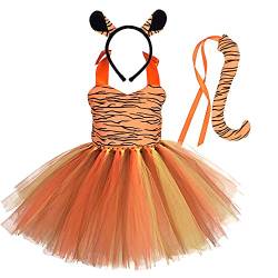 Kinder Baby Mädchen Tier Kostüme Dschungel Tiger/Leopard/Kühe/Zebra/Giraffe Dress Up Cosplay Tutu+Stirnband+Schwanz 3 Stück Weihnachten Halloween Karneval Geburtstag Partykleid Tiger 11-12 Jahre von IBTOM CASTLE