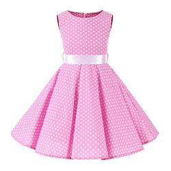 Kinder Mädchen 1950er Vintage Rockabilly Abendkleid Hepburn Stil Polka Dots Blumen A Linie Ärmellos Retro Swing Cocktailkleid Hochzeit Geburtstag Party Knielang Festkleid mit Hüftgurt Rosa 11-12 Jahre von IBTOM CASTLE