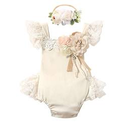 Kleinkind Baby Mädchen 1. Geburtstag Outfit Boho Spitze Romper Tutu Kleid mit Blume Stirnband für erste Valentinstag Geburtstag Kuchen Smash Fotoshooting Khaki 12-18M von IBTOM CASTLE