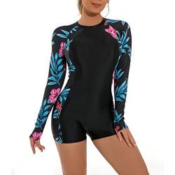 Langärmeliger Badeanzug für Frauen, Rashguard für Frauen, One Piece Swimsuits Floral Swim Shirt Boyleg Swimwear Reißverschluss Surfen Neoprenanzug Schwimmen Kostüm Blaue&rote Blume XL von IBTOM CASTLE