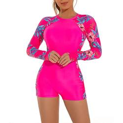 Langärmeliger Badeanzug für Frauen, Rashguard für Frauen, One Piece Swimsuits Floral Swim Shirt Boyleg Swimwear Reißverschluss Surfen Neoprenanzug Schwimmen Kostüm Hot pink XXL von IBTOM CASTLE