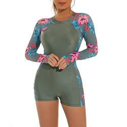 Langarm Badeanzug für Damen, One Piece Floral Swim Shirt Boyleg Bottoms Rash Guard Swimwear Badeanzug Reißverschluss Surfen Neoprenanzug Schnorchelanzug UV-Schutz Badeanzug Dunkelgrün M von IBTOM CASTLE