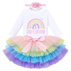 Mädchen 1.Geburtstag 3 Stück Outfits Regenbogen Lange Ärmel Strampler Tutu Kleid Stirnband Erster Geburtstag Mädchen Prinzessin Kleid Baby Fotoshooting Kleidung Langarm Rainbow 1st+ Stirnband 1 Jahr von IBTOM CASTLE