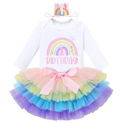 Mädchen 1.Geburtstag 3 Stück Outfits Regenbogen Lange Ärmel Strampler Tutu Kleid Stirnband Erster Geburtstag Mädchen Prinzessin Kleid Baby Fotoshooting Kleidung Langarm Rainbow 1st+Crown 1 Jahr von IBTOM CASTLE