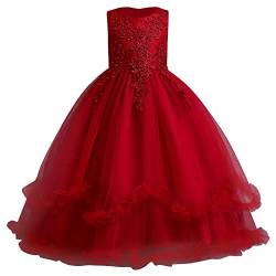 Mädchen Elegant Spitze Tüll Hochzeit Brautjungfern Kleid Prinzessin Festzug Erstkommunion Cocktailkleid Abendkleid Mädchen Birthday Party Kleider Kinder Langes Evening Ballkleider Rot 11-12 Jahre von IBTOM CASTLE