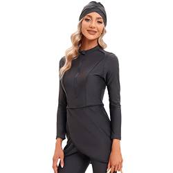 Muslimische Badeanzug Damen, Burkini Damen Muslim, Ganzkörper Badeanzug Damen, Hijab Badeanzug Damen, Bescheidene Modest Muslim Swimwear Langarm Top+Hosen+Hijab 3 Stücke Set Dunkelgrau 3XL von IBTOM CASTLE