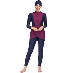 Muslimische Badeanzug Damen, Burkini Damen Muslim, Ganzkörper Badeanzug Damen, Hijab Badeanzug Damen, Bescheidene Modest Muslim Swimwear Langarm Top+Hosen+Hijab 3 Stücke Set Lila&Marineblau XL von IBTOM CASTLE