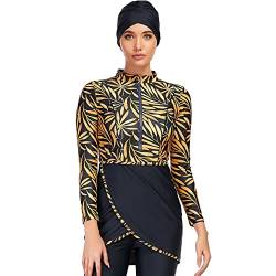 Muslimische Badeanzug Damen, Burkini Damen Muslim, Ganzkörper Badeanzug Damen, Hijab Badeanzug Damen, Bescheidene Modest Muslim Swimwear Langarm Top+Hosen+Hijab 3 Stücke Set Schwarz + Blätter M von IBTOM CASTLE