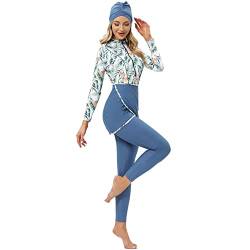 Muslimische Bademode Badeanzüge für Frauen, Burkini Damen Muslim, Langarm Top+Hosen+Hijab 3 Stücke Set Ganzkörper Badeanzug Floral Badebekleidung Rashguard Bademode Sets Himmelblau+Blume XL von IBTOM CASTLE