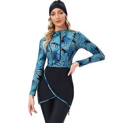 Muslimische Damen-Bademode, bescheidener Badeanzug, Hijab, Burkini, Oberteil + Hose, Rashguard, 3-teilig, volle Abdeckung, Blumendruck, Badeanzug, UV-Schutz, Nahen Osten, Blaue Palmetto Leaf, M von IBTOM CASTLE