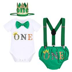 Outfit zum 1. Geburtstag für Babys, Mädchen, Jungen, Gentleman, Tier, Dschungel, Löwe, Strampler, Windelüberzug, Shorts, PP-Hose, Y-Rücken, Hosenträger und Kronen-Stirnband, Grün, 6-12 Monate von IBTOM CASTLE