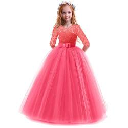 Prinzessin Kleid Mädchen Abendkleid für Hochzeit Brautjungfer Blumenmädchen 3/4 Arm Spitzenkleid Geburtstag Party Jugendweihe Fasching Cocktail Dance Ballkleid 2-14 Jahre Wassermelonenrot 2-3 Jahre von IBTOM CASTLE