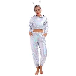 Rave Outfits für Frauen Langarm Glänzend Metallisch Oberteil Top Hoodie Sweatshirt Glitter Hose Disco Tanzhosen Clubwear Beiläufige Hip Hop Festival 80er Jahre Party Kleidung Set Lasersilber L von IBTOM CASTLE