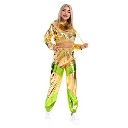 Rave Outfits für Frauen Langarm Glänzend Metallisch Oberteil Top Hoodie Sweatshirt Glitter Hose Disco Tanzhosen Leggings Clubwear Beiläufige Hip Hop Festival 80er Jahre Party Kleidung Set Goldene XXL von IBTOM CASTLE