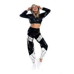 Rave Outfits für Frauen Langarm Glänzend Metallisch Oberteil Top Hoodie Sweatshirt Glitter Hose Disco Tanzhosen Leggings Clubwear Beiläufige Hip Hop Festival 80er Jahre Party Kleidung Set Schwarz S von IBTOM CASTLE