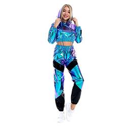 Rave Outfits für Frauen Langarm Glänzend Metallisch Oberteil Top Hoodie Sweatshirt Glitter Hose Disco Tanzhosen Leggings Clubwear Festival 80er Jahre Party Kleidung Set #Holographisch Blau M von IBTOM CASTLE