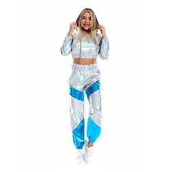 Rave Outfits für Frauen Langarm Glänzend Metallisch Oberteil Top Hoodie Sweatshirt Glitter Hose Disco Tanzhosen Leggings Clubwear Festival 80er Jahre Party Kleidung Set Holographisch Silber L von IBTOM CASTLE